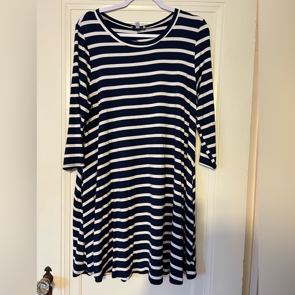 Navy/Cream Stripe Rayon/Spandex Knee Length Dress by White Birch